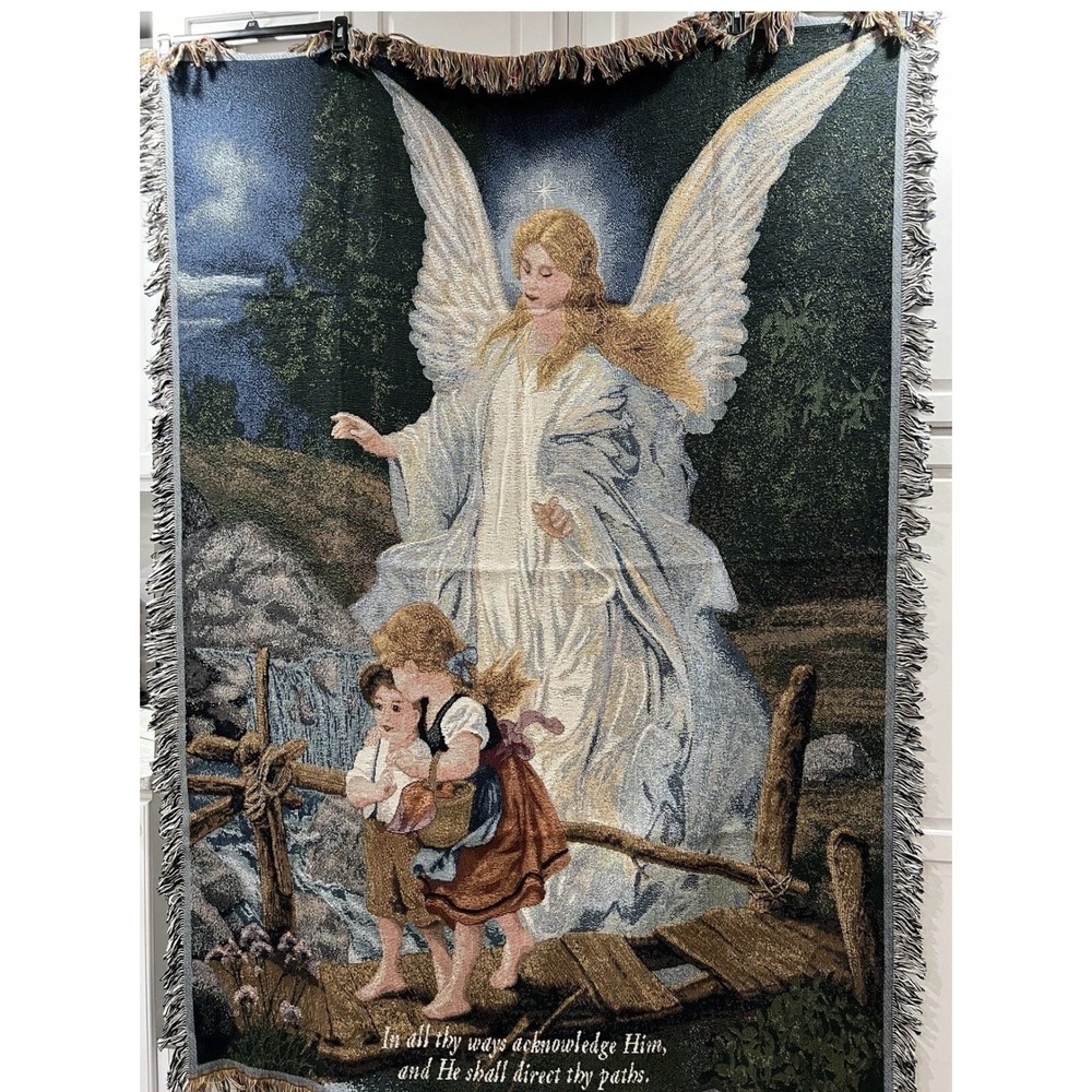 Guardian Angel Tapestry Woven Throw Blanket Proverbs 3:6 Scripture Design